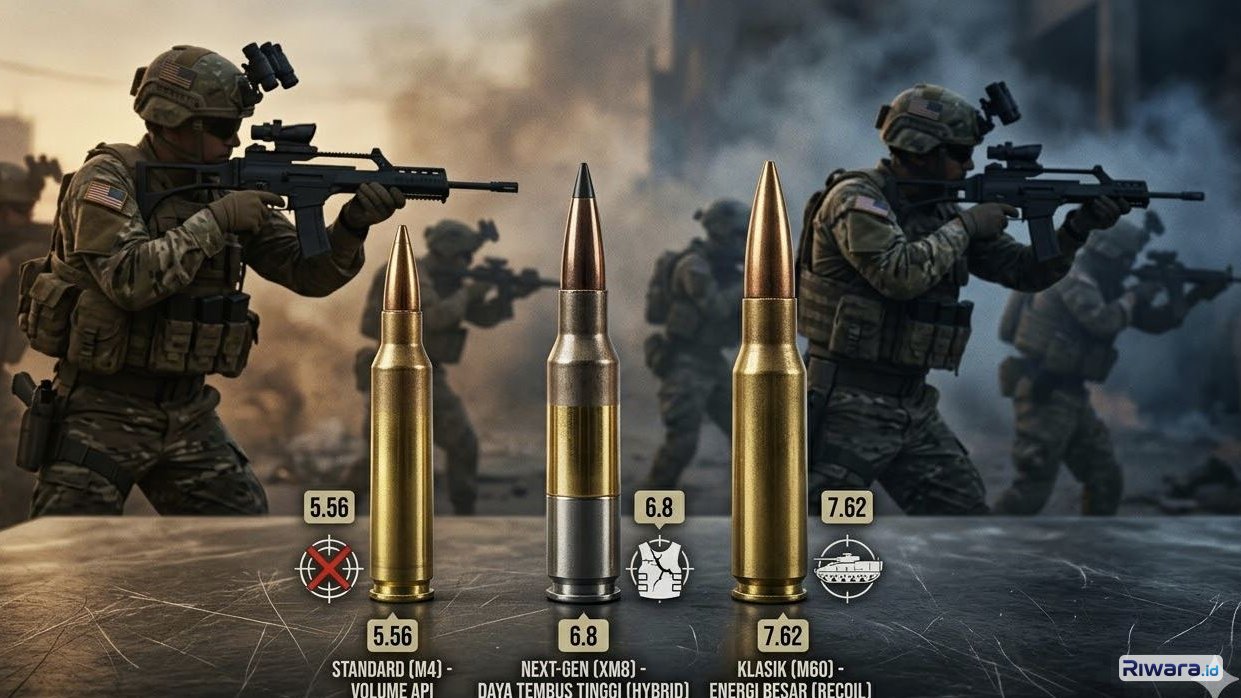 Ilustrasi peluru militer dari kaliber 5.56, 6.8 dan 7.62 mm, dibuat dengan bantuan AI